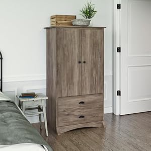 Prepac salt spring rustic wardrobe closet with drawers and 2 doors farmhouse armoire portable closet 22 d x 315 w x 5875 h drifted gray ddc 3359 k  urban country home decor