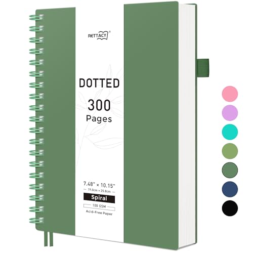 RETTACY B5 Dotted Notebook, Bullet Dot Grid Journal, Wirebound Spiral Notebooks 300Pages /150 Sheets for Writing,100gsm, Flexible Plastic Cover, for Women Men Work Office School,19 x 25 cm - Darkgreen
