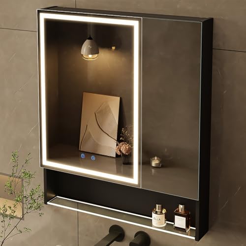 30'×34' Lighted Medicine Mirror Cabinet with Storage Adjustable Brightness 3 Color Temperature Lighting Anti-Fog Sturdy Aluminum Medicine Cabinet with Lights 2 Socket & 2 USB Ports & Adjustable Shelf