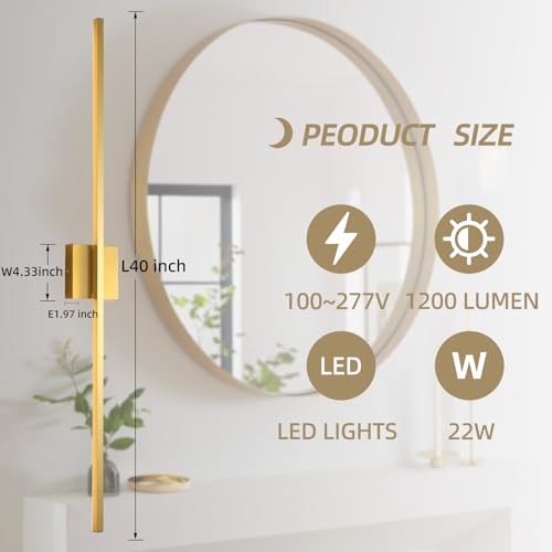 Image of Wall Sconces Set of Two, LED Dimmable Sconces Wall Lighting, Brushed Gold Modern Wall Sconce Light for Bathroom, Living Room, Bedroom, Hardwied 3000K 40''