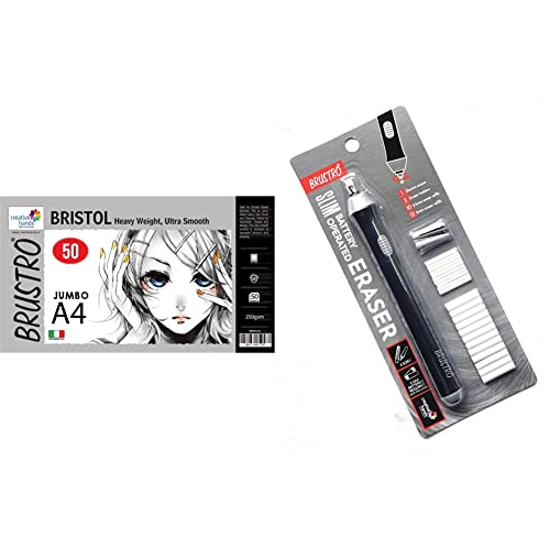 Image of Brustro Bristol 250 GSM Jumbo - A4 (50 Sheets) & Brustro Slim Battery Operated Automatic Eraser