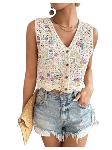 GORGLITTER Strickweste Damen Leicht Kurz Vintage Weste Ärmellos Jacke Stickerei Weste Häkeln Cardigan Herbst Weste Mit Knöpfen Beige L
