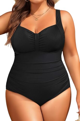 Aqua Eve Plus Size One Piece Swimsuit for Women Tummy Control Bathing Suit Ribbed Swimwear - Main Image
