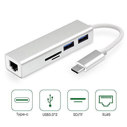 5 in 1 Type C to RJ45 Gigabit Ethernet LAN Network Hub, with 2 USB3.0 Ports, 1000M Ethernet Port and SD/TF Card Reader for MacBook Pro