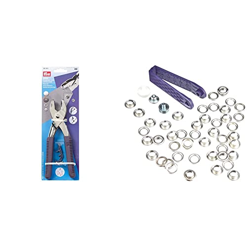 Prym 41163 390900 Vario-Zange mit Lochwerkzeugen & 541374 Ösen und Scheiben 8,0 mm, Messing silberfarbig