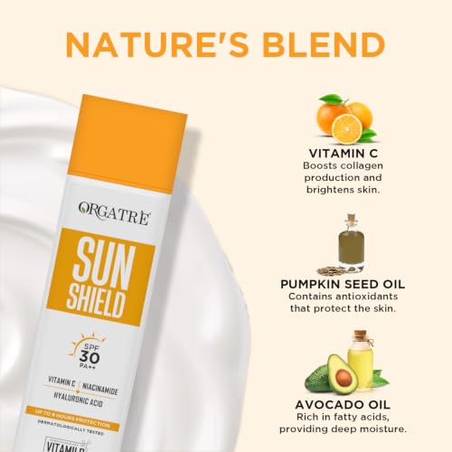 Image of Orgatre Vitamin C Bright Face Sunscreen SPF 30 PA++++ for Oily & Dry Skin | Lightweight, No White Cast | With Niacinamide & Hyaluronic Acid | UVA /UVB Defense | Water Resistant, Non-Greasy | 100gm