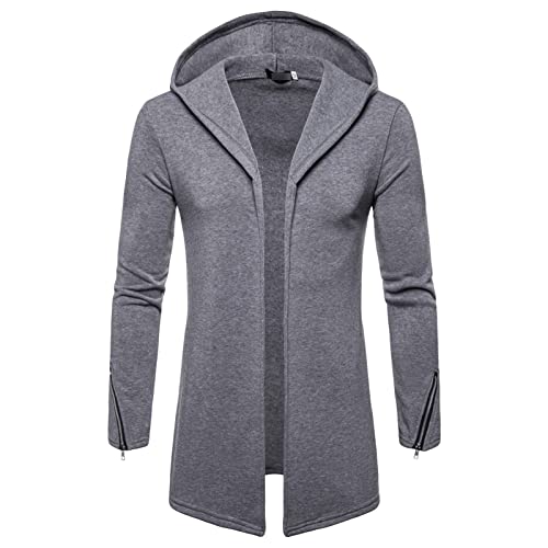 Men's Long Open Front Cardigan Lightweight Longline Fleece Hooded Cardigan Solid Zip Long Sleeve Coat Outwear (Light Grey,Large)