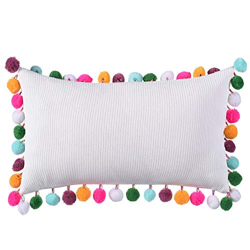 Suppromo 12 X 20 Inch Lumbar White Throw Pillow Cover Pom Poms Pillows Cushion Lumbar Pillow Case Rectangular Decorative Corduroy Pillowcase for Couch Home Bed Sofa