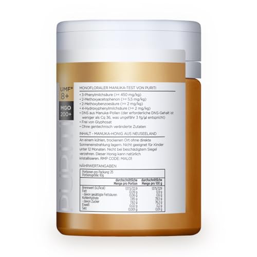 PURITI Manuka Honig MGO 200+ 250g aus Neuseeland mit zertifiziertem Methylglyoxal Gehalt - Laborgeprüft, Direktimport, reines Naturprodukt, frei von Zusatzstoffen