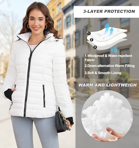 SLOWTOWN Women’s Lightweight Puffer Jacket Packable Hooded Puffer Jacket Winter Puffy Coat4