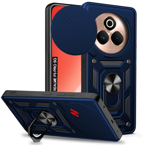 Image of AESTMO Tough Armor Realme P3 Pro 5G Bumper Back Case Cover | Ring Holder & Sliding Camera Shield Cover | 360 Degree Protection Back Case Cover for Realme P3 Pro 5G (Blue)