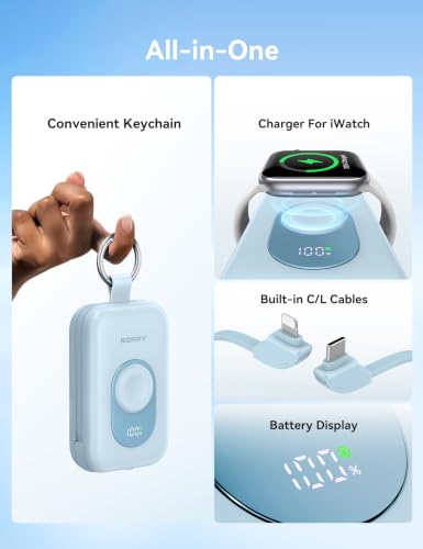 Image of RORRY CharmGo Portable Charger, 20000mAh PD 30W Portable Charger Power Bank with 2 Built-in Cables, Fast Charging Battery Pack with Keychain, Travel Essentials for iPhone, Apple Watch, iPad, Sky Blue