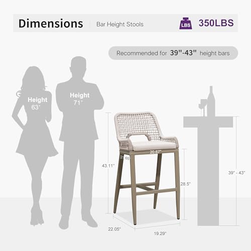 Image of PURPLE LEAF Bar Stools Set of 2 Bar Height Metal Bar Chairs with Back Modern Tall Comfy Wicker Woven Boho Garden Pool Patio Outdoor Barstools, Champagne