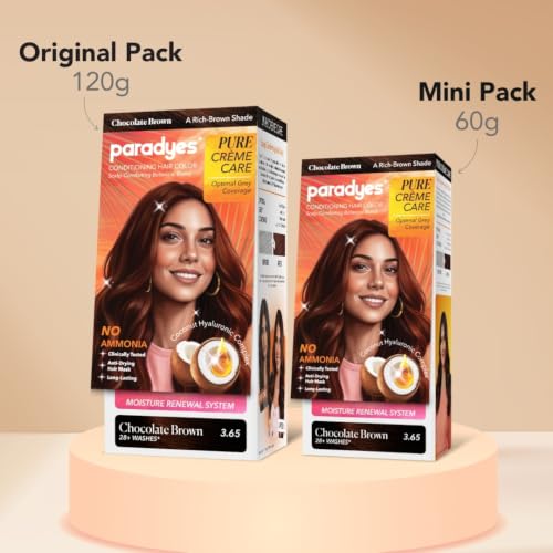 Image of Paradyes Pure Creme Care No Ammonia Hair Color Chocolate Brown 3.65 | Long-Lasting Creme Formula | Grey Coverage | Coconut Milk + Almond Oil + Hyaluronic Complex | Smooth & Shiny Finish | 120g+40 ml