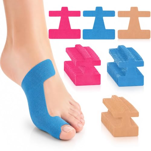 30 Cintas de Kinesiología para Juanetes, Corrector de Juanetes y Hallux Valgus, Cinta Kinesiológica Precortada para Alivio del Dolor de Pies, 3 Colores (Piel, Azul, Rosa), 9.3 x 9 cm