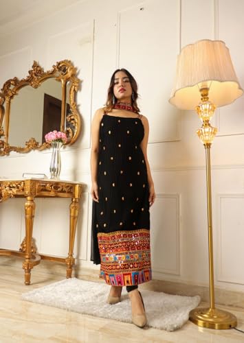 Image of Fashion Basket Georgette Embroidered Black Kurta Set for Women