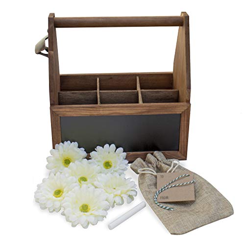 Brewquet Wooden Bottle Caddy, 6-Pack Beer Carrier with Magnetic Flower Toppers, Chalkboard, Chalk