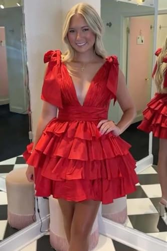 Bow Straps Tulle Homecoming Dress Tiered Sparkly Short Prom Dress 2024 V Neck Cocktail Party Gown4