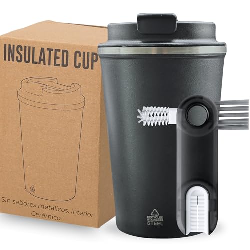 Quodelo Termo Café Pequeño - Vaso Termo Café para Llevar 350 ml - Taza Termo con Interior Cerámico - Vaso Térmico con Cepillo, Fácil Limpieza - Travel Mug Anti Goteo