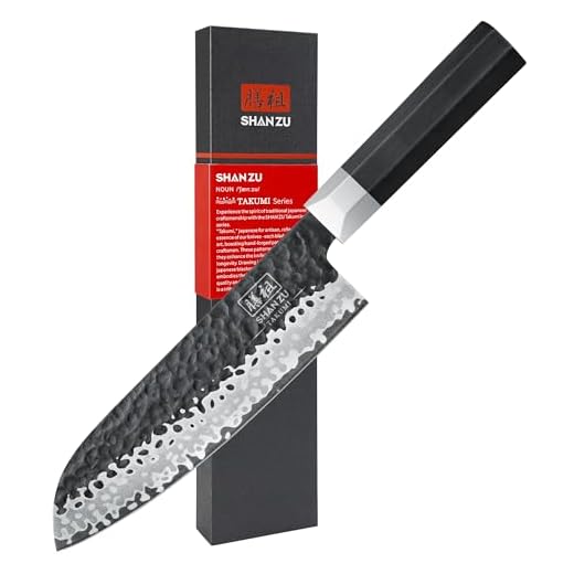 SHAN ZU Cuchillo Santoku 19cm, Acero Inoxidable al Carbono 10Cr15MoV Japonés, Forjado a Mano 7 Capa, Cuchillo de Cocina Profesional, Hoja Ultra Afilada, Mango G10 Ergonómico