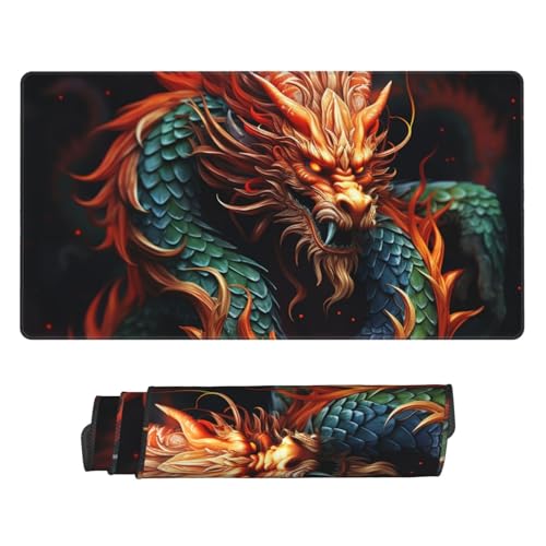 Grand tapis de souris de jeu motif dragon avec bords cousus pour ordinateur et bureau
