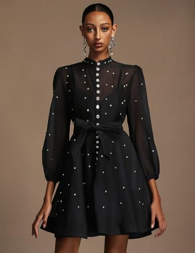 Elegant Black Rainstone Round Neck Long Sleeve Tie Waist Casual Dress3