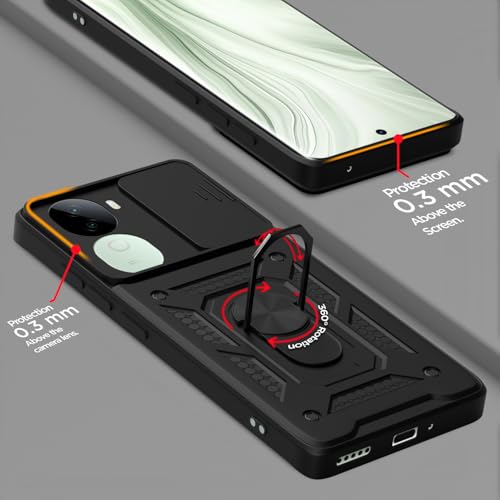 Image of Pikkme Back Cover for Vivo V40e 5G / iQOO Z9s 5G | 360 Protection Case | Sliding Camera Shield Cover & Ring Holder Stand D10 Tough Armor Bumper Case (Black)