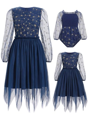 AWIBMK Mother Daughter Dresses Sparkle Star Mesh Long Sleeve Handkerchief Tulle Dress Spring Fall Chrismtas Party Dress