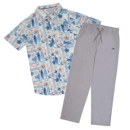 Tommy Bahama Boys Classic Woven Button-Down Hawaiian Shirt & Elastic Waist Pants Set - Casual 2-Piece Summer Outfit for Kids (Blue Surf/Gray, Size 5/6)