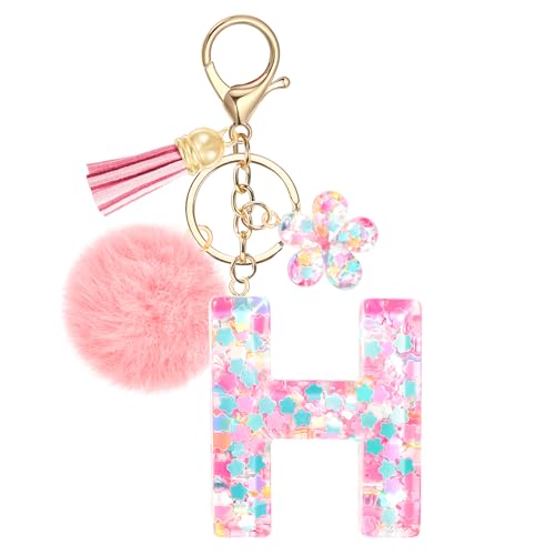 JSRQT Porte-clés Rose avec Initiale H pour Femmes Filles, Nom Porte-clés en Résine Lettres Alphabet à Paillettes et Fleurs, Pompons Pendentifs Bijou de Sac...