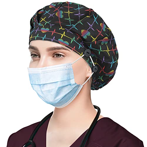 Image of Bouffant Caps with Button and Sweatband, Adjustable Scrub Caps for Women Men, One Size Multi Color