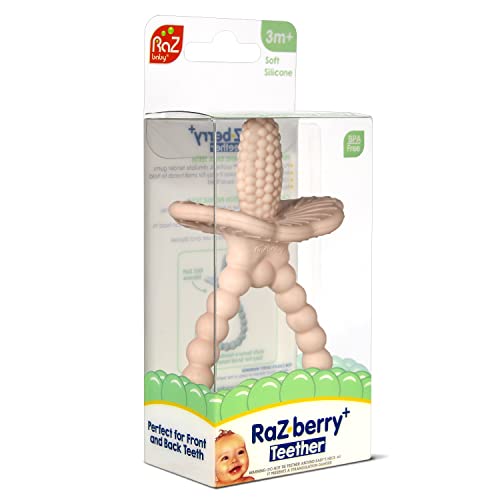 RaZbaby Silicone Baby Teether, BerryBumps Textured Silicone Soothes Babies’ Sore Gums, Infant Front and Back Teething Relief Toy, BPA Free, Easy-to-Hold, RaZberry Plus Fruit Shape, 3M+ – Pink