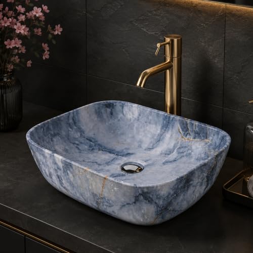 Image of Ceramic Tabletop Wash Basin - Glossy Rectangular Countertop Vessel Sink with Marble Finish for Bathroom & Vanity | Compact 18 x 13 x 5 Inch | Elegant Washbasin