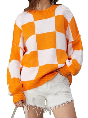 Image of SHENHE Women's Oversized Checkered Sweater Plaid Bell Sleeve Crewneck Vintage Sweater Jumper Orange Large