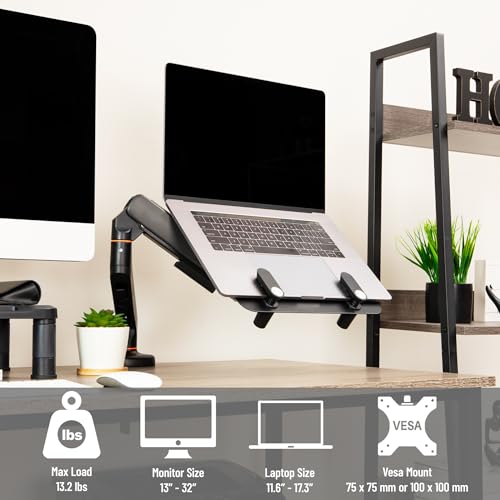 Image of Mind Reader Gas Spring Laptop Desk Mount, Fits 11.6-17.3 inch Laptops or Monitors, 180 Rotate, 13.2 lb Capacity, Single Arm with Integrated Cable Management, Adjustable Tilt /Swivel, Black
