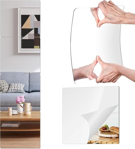Image of Shatterproof Wall Mirror Full Length for Bedroom,Plexiglass Gym Mirrors for Home, Extra Thick: 0.1 inch, 10x10 inchx4 Pcs, Workout Mirrors Safe for Kids, Over The Door, Long Wall Mounted,Acrylic frame