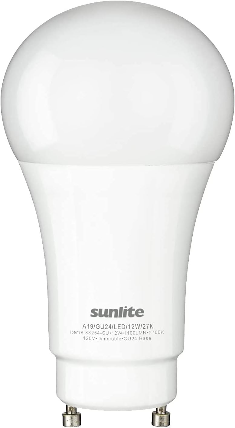 Sunlite A19 GU24 Dimmable Light Bulb, 11 Watts (75W Equivalent) 1100 Lumens, 2 Prong LED Twist and Lock Base, ETL Listed, Rated for Enclosed Fixtures, 2700K Soft White, 1 Pack