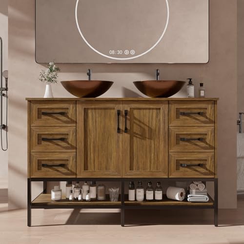 VNN 48 Inch Bathroom Vanity with Sink - Double Sink Bathroom Vanity, Freestanding Cabinet with Open Shelves and 6 Storage Drawers, Modern Iron Wood Cabinet with Countertop Tempered Glass Vessel, Oak