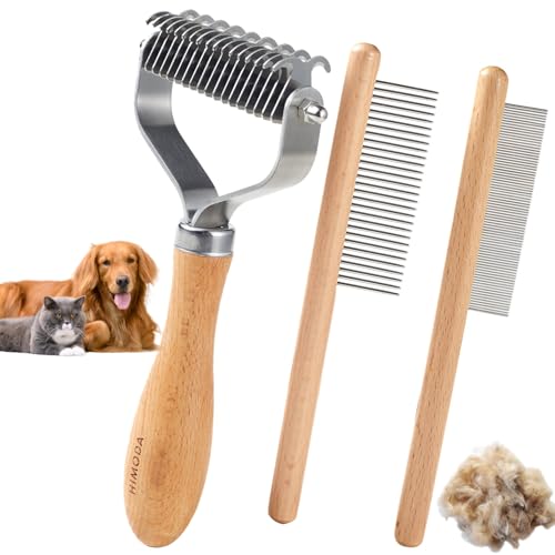 Dog-Cat-Brush-for-Shedding-Dematting-3-Pack-Pet-Grooming-Kit-of-Double-Sided-Undercoat-rake-and-Pet-Combs-Deshedding-Brush-Premium-Wood-Handle Dog Cat Brush for Shedding Dematting 3 Pack Pet Grooming Kit of Double Sided Undercoat rake and Pet Combs Deshedding Brush Premium Wood Handle