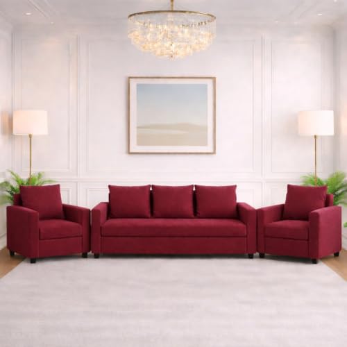 Image of Wood 3+1+1 Sofa Set Five Seater | Velvet Fabric Upholstery | Wooden Frame Sofa Set with 3 Seater & 2 Single Chairs for Living Room, Home & Office (Mehroon)