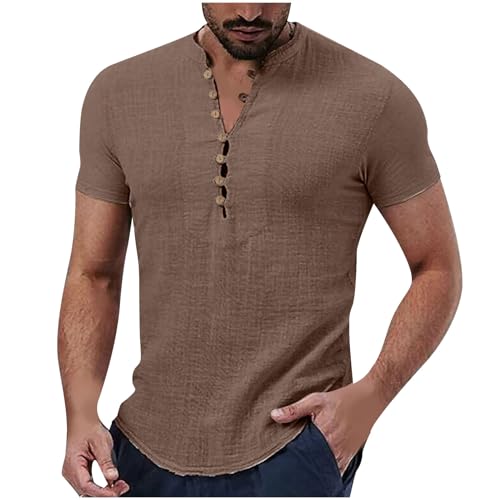Henley T Shirt Mens UK Sale Clearance Solid Color Cotton Linen Shirts Summer Short Sleeve Tops Plain Breathable Buttons Basic Tees Stand Collar Casual Beach Shirts Brown