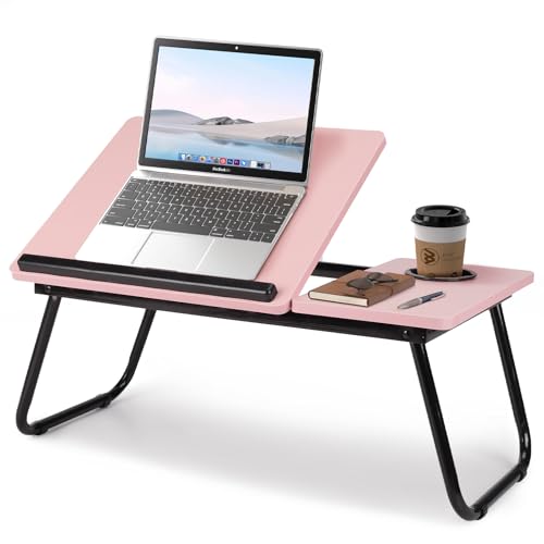 Warmiehomy Laptop Desk, Laptop Bed Table with Foldable Legs & Cup Slot,Reading Holder Notebook Stand with Adjustable Height Angle,Laptop Bed Tray for Bed Sofa Breakfast Work Study Reading (Pink)