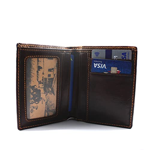 Mens Leather Genuine Extra Capacity Wallet Bifold Slim Brown Front Pocket Engraved Dragon Medifier Wallets with Credit Card Holder ID Window for Men women Husband Boyfriend Him Gifts Vertical Style4