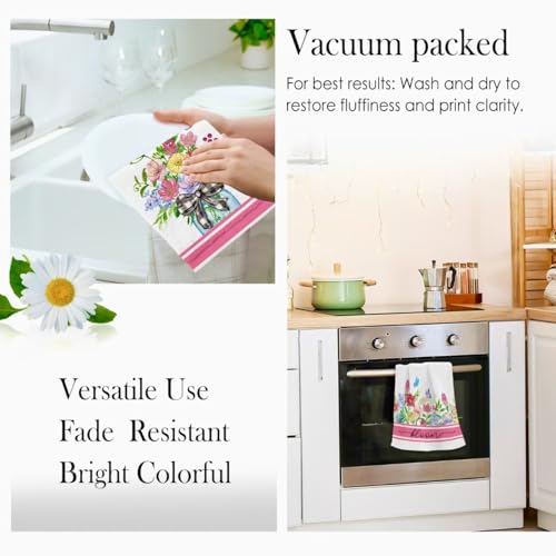 Image of Summer Wildflower Kitchen Towels, Butterfly Dish Towels Set of 2, Spring Watercolor Pink Floral Farmhouse 18 x 26 Inch Hand Towel Quick Drying Dishcloth Decor for Kitchen Bathroom Home