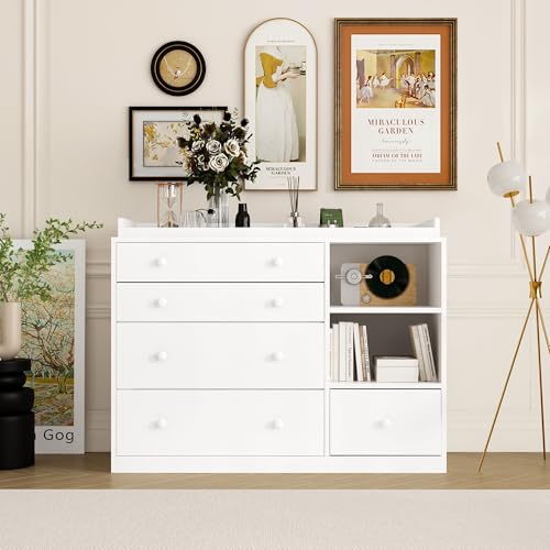 Timechee Changing Table Dresser, Baby Dresser with 5 Drawers and 2 Shelves, Multi-Functional Baby Changing Table, Classic Nursery Dresser, Diaper Changing Station for Children\'s Room, White