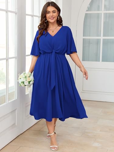 Image of SCOMCHIC Women Plus Size Midi Dresses Wedding Guest Short Sleeve V Neck Tie Waist Casual Summer Flowy A Line Dress