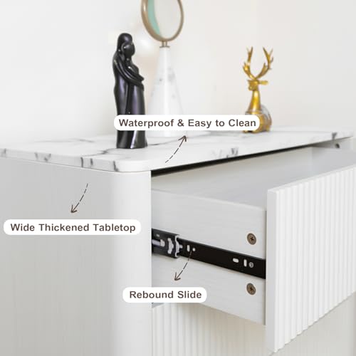 Image of Airynee Fluted 5 Drawers Dresser for Bedroom, 47 inch Tall Handleless Chest of Drawers with Faux Marble Top, Curved Profile Design, Wood Drawer Organizer for Living Room, Hallway, Entryway, White