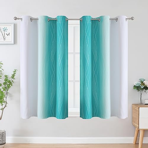 Estelar Textiler Teal and Greyish White Blackout Curtains 45 Inch Length, Light Blocking Gradient Drapes for Kitchen, Thermal Insulated Grommet Ombre Curtains for Bathroom,42Wx45L,2 Panels