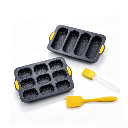 4 Pezzi Stampo per Baguette, Teglia per Pane in Silicone, Stampo per Panini Antiaderente con 4 e 9 Cavità, Pennello, Coltello per Impasto, per Forno, Pane Fatto in Casa e Hot Dog