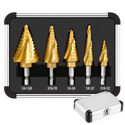 5PCS Titanium Step Drill Bit - 4241 HSS Step Bit with Two Spiral Grooved, 50 Sizes from 3/16' to 1-3/8', Steps Bits for Metal, Aluminum, Wood & Plastic, for Electricians & DIY